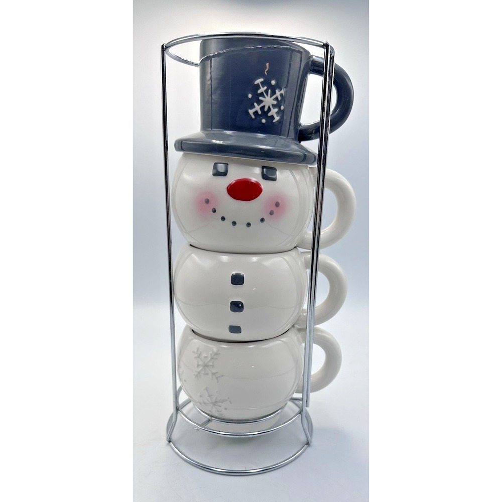 Set of 4 stacking mugs with holder snowman (large) with hat mug (smaller)